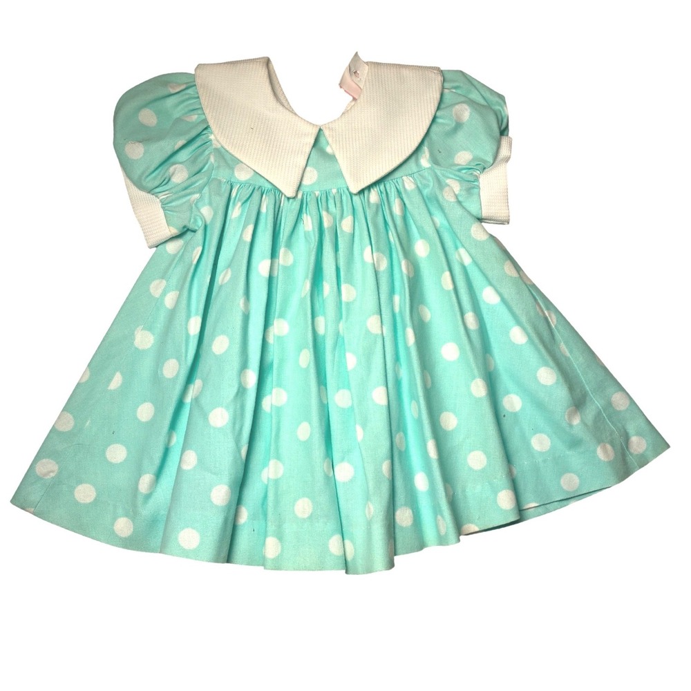 Vintage Lanz for Girls Mint Green Polka Dot Dress Peter Pan Collar 12MO USA